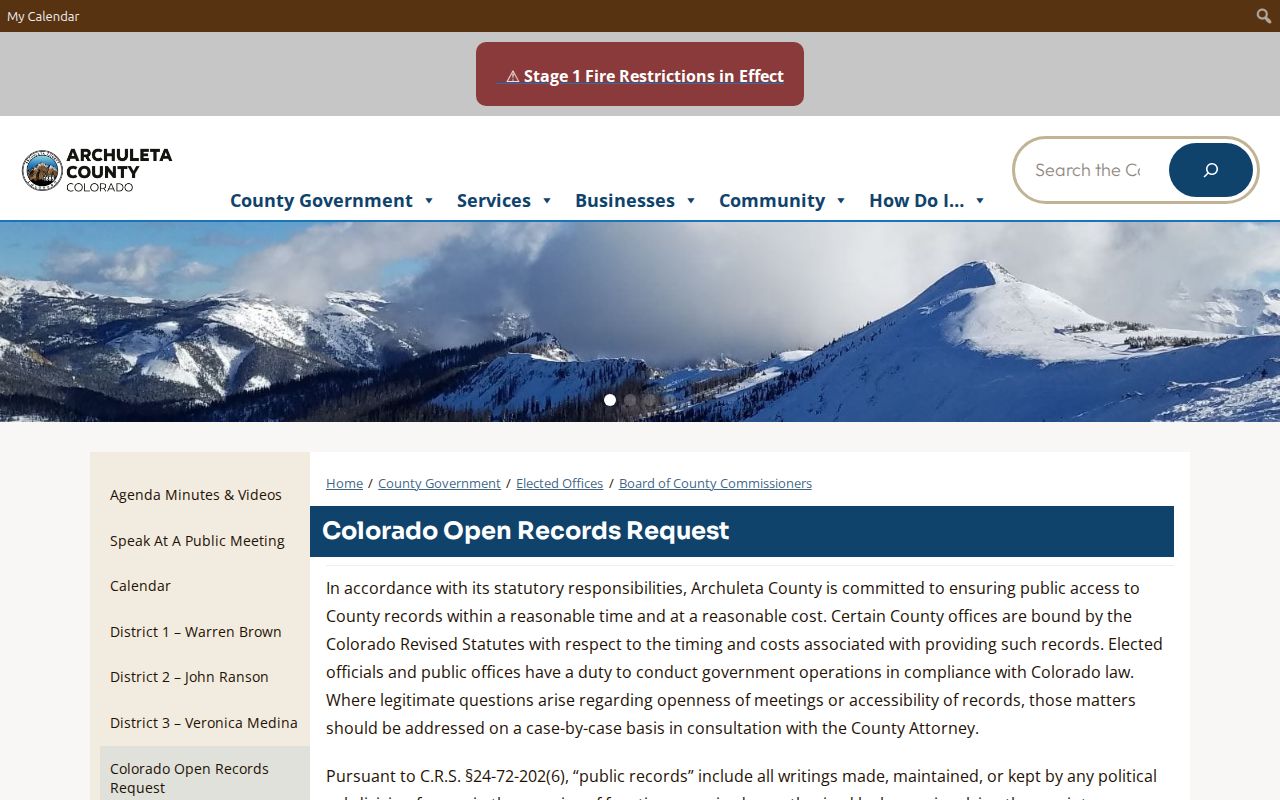 Archuleta County Colorado Open Records Act request information