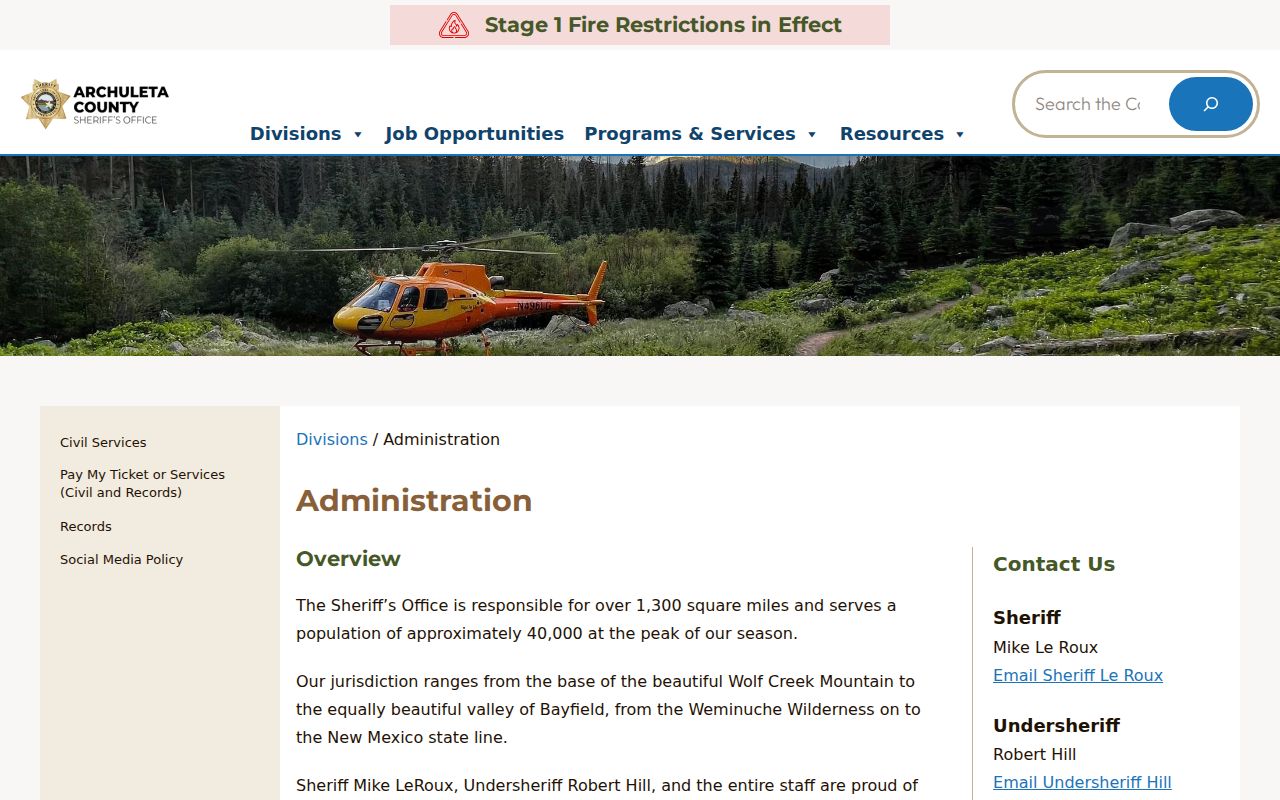 Archuleta County Sheriff Administration contact and service information