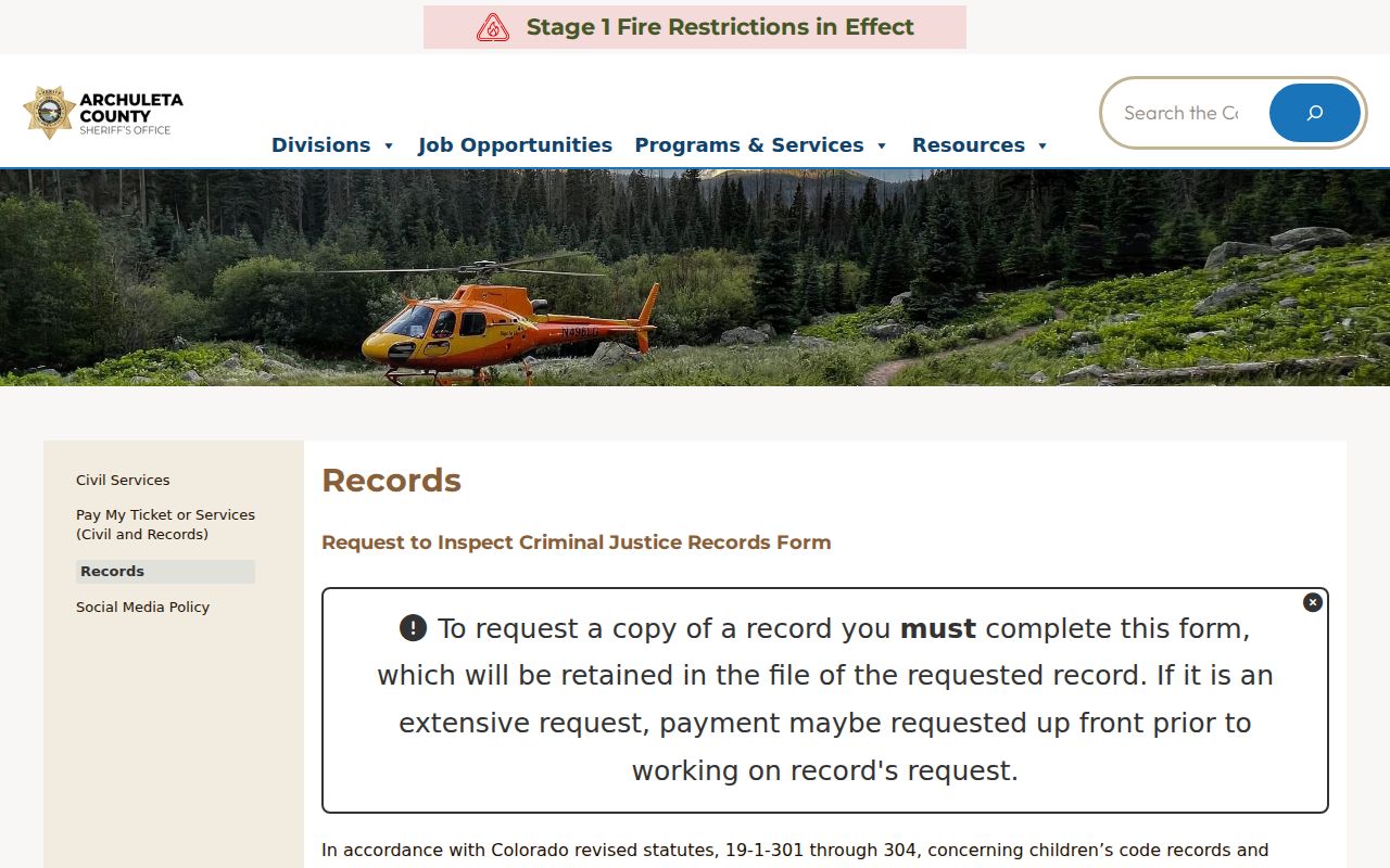 Archuleta County Sheriff criminal justice records request information
